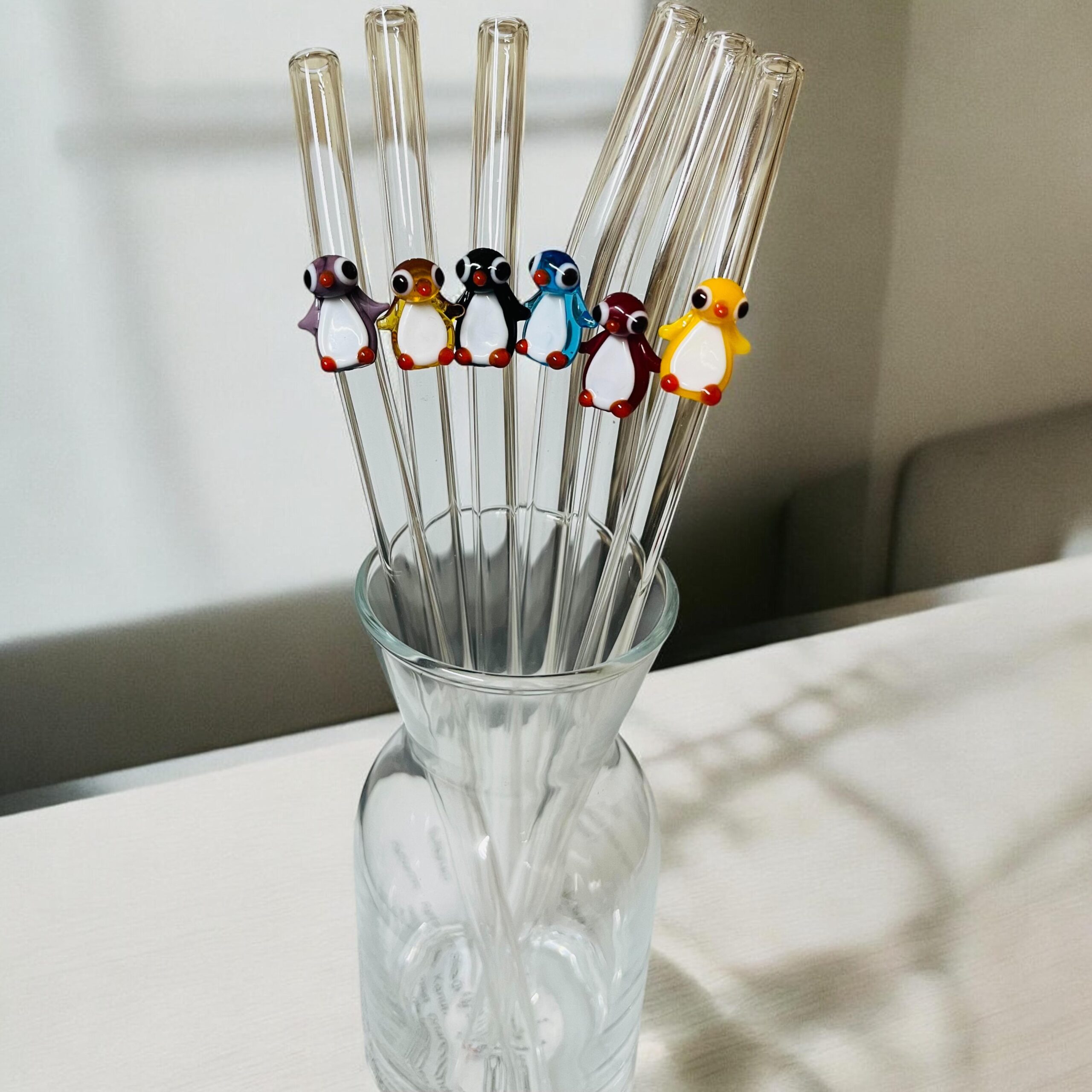 Penguen Şeffaf Cam Karışık Figürlü Pipet Seti 6lı
