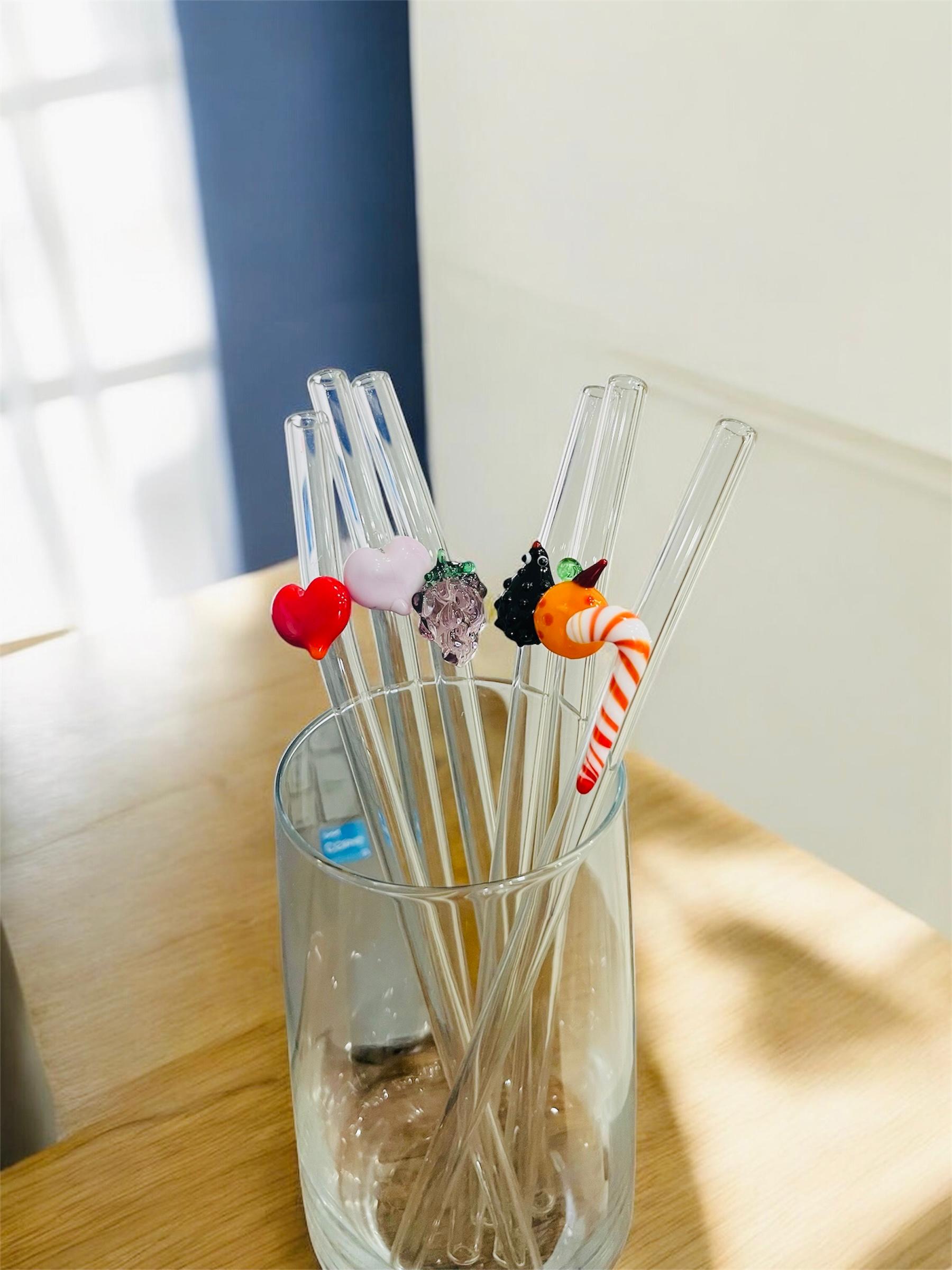 Cam Figürlü Pipet El Yapımı Meyve Figürlü Cam Pipet 6lı Set