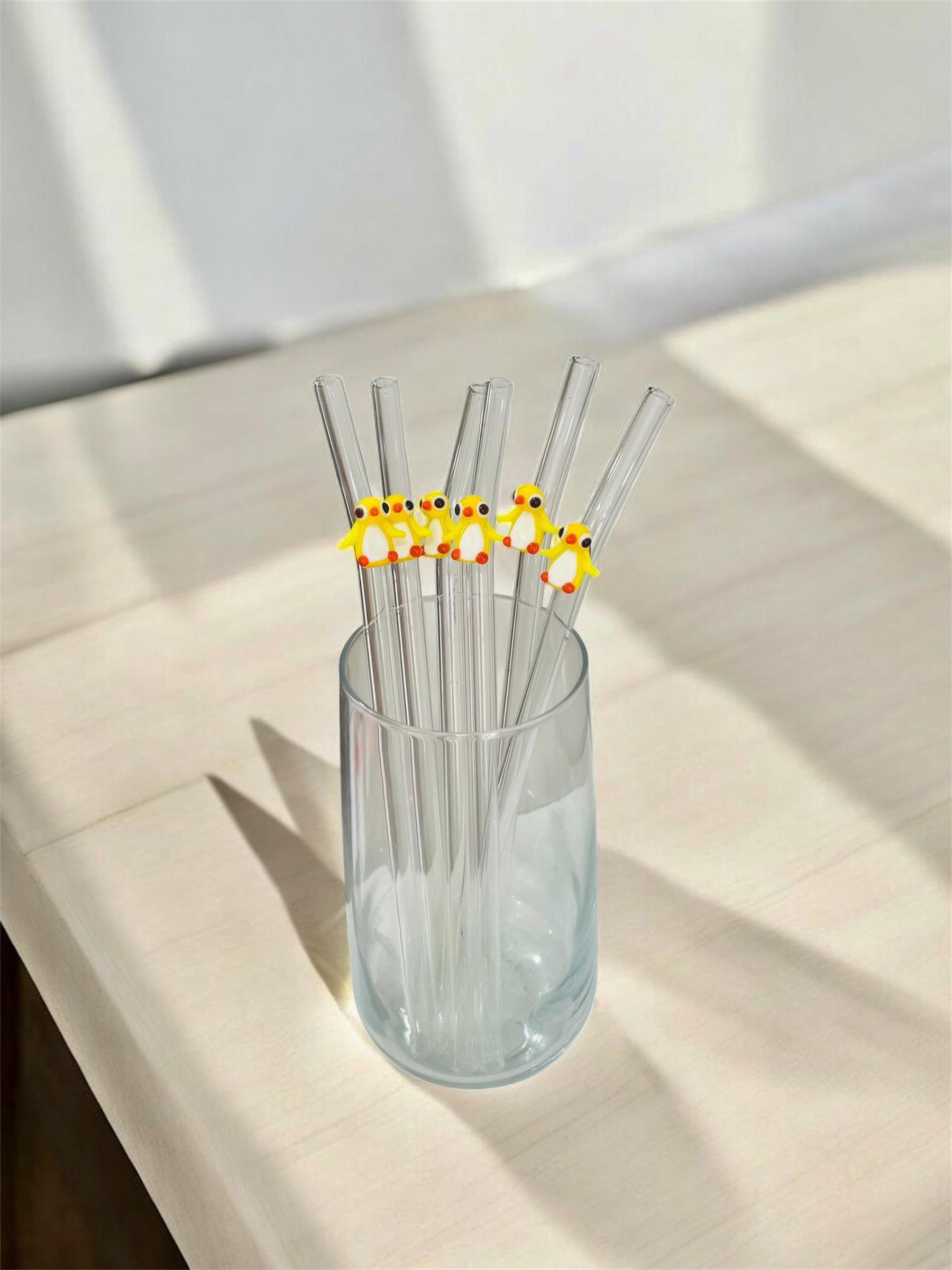 Cam Şeffaf Pipet Sürdürülebilir Penguen Figürlü 6 lı Cam Pipet