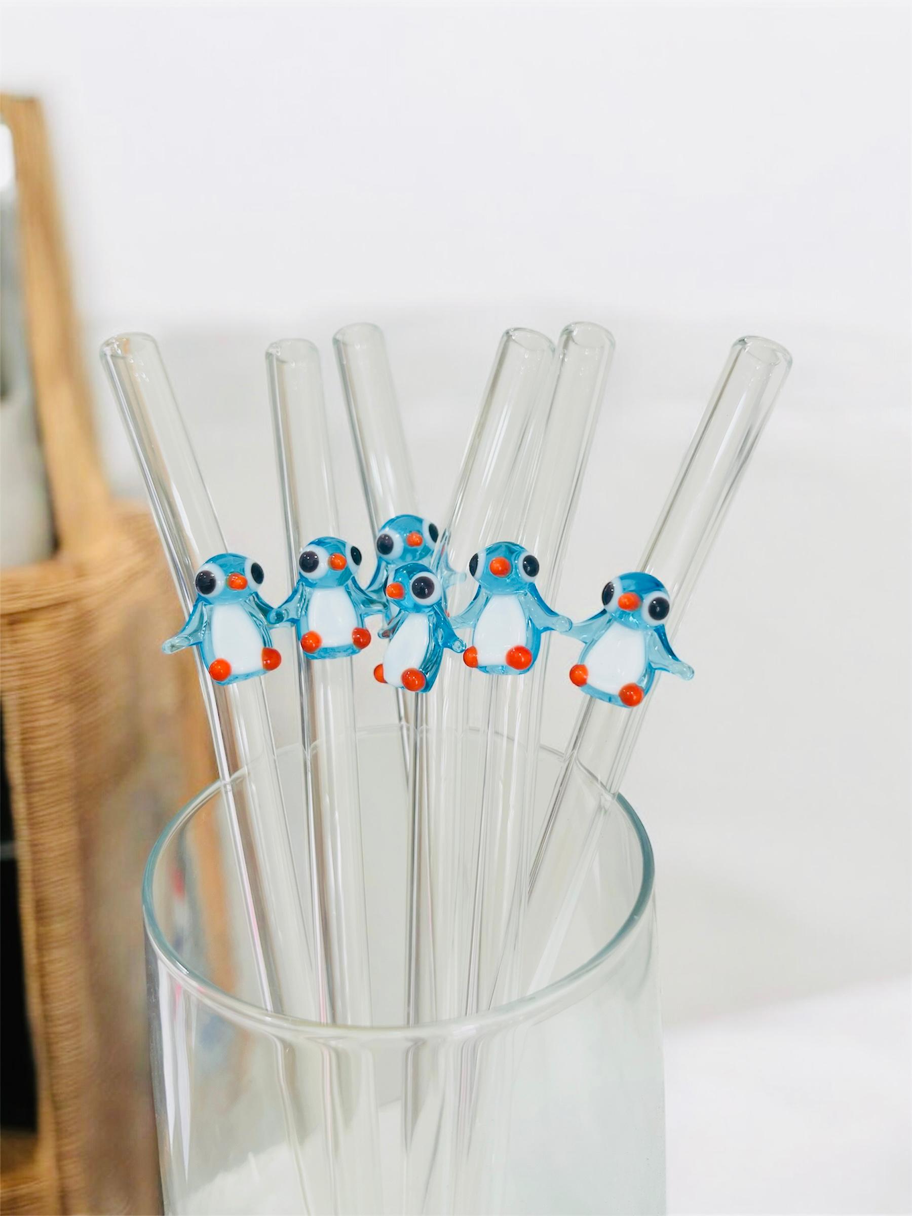 Cam Pipet Şeffaf Penguen Figürlü 6lı Pipet Seti