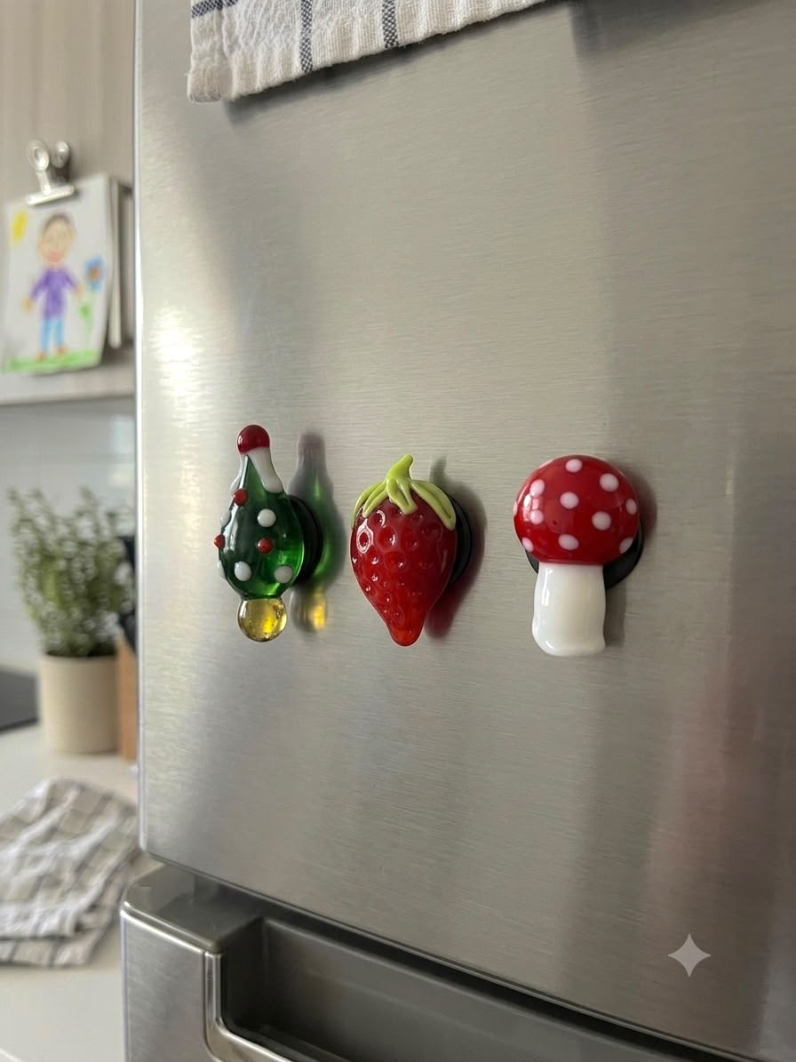 - Modern tasarımıyla her türlü yüzeye kolayca yapışabilen Murano Cam Magnet seti. - 5 x 6 cm boyutlarındaki 3 adet magnet ile buzdolabınızda veya istediğiniz yüzeyde şık bir görünüm yaratın. - Yüksek kaliteli cam malzemeden üretilmiş, dayanıklı ve uzun ömürlü kullanım sunar. - Türkiye'de üretilen bu magnet seti, yerel işçiliği destekler ve kaliteli bir ürün deneyimi sağlar. - Karışık renk ve desenleriyle her türlü dekorasyona uyum sağlayacak modern bir dokunuş ekler.