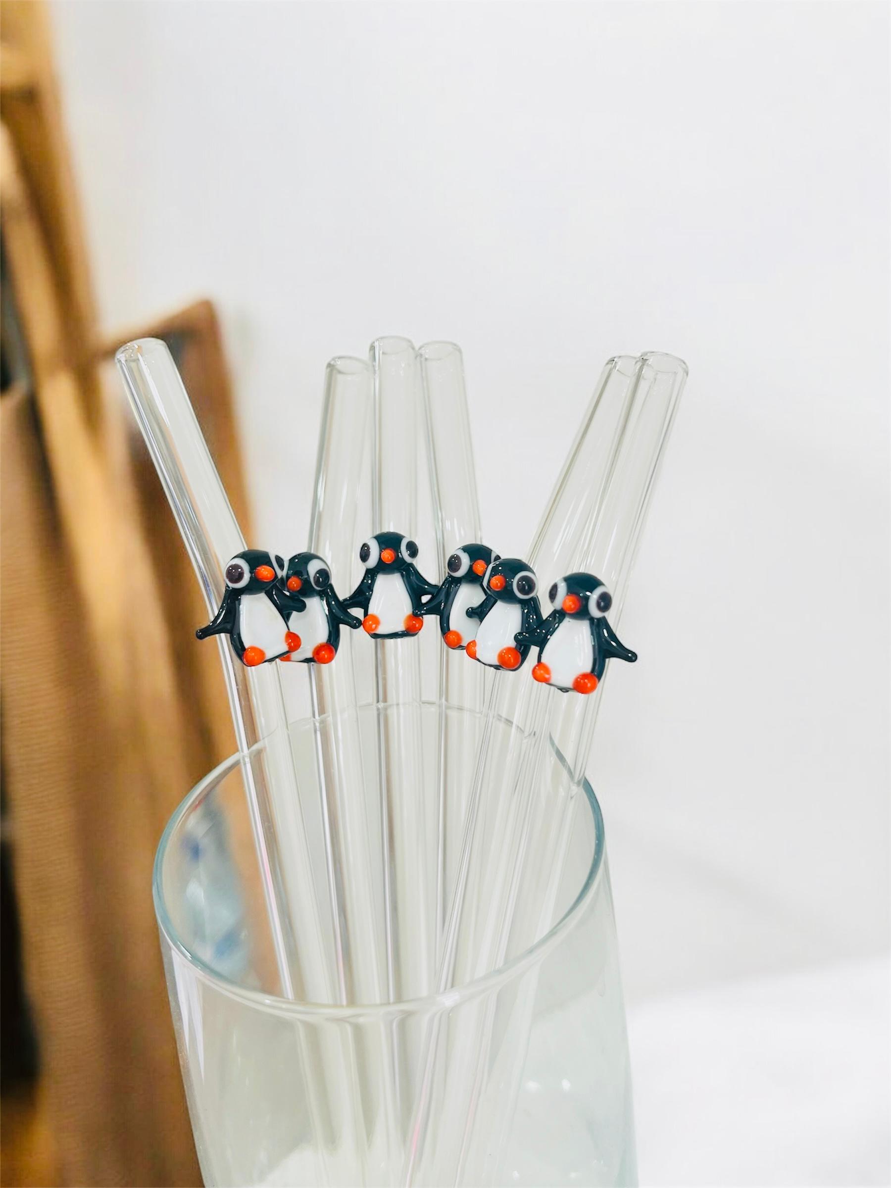Cam Şeffaf Pipet Sürdürülebilir Penguen Figürlü 6 lı Cam Pipet
